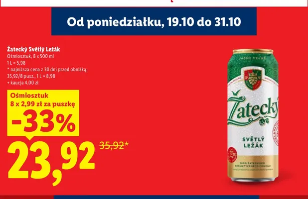 Piwo Žatecký Světlý Ležák 8-pak 500 ml promocja w Lidl