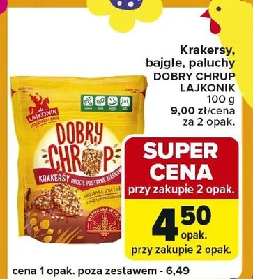 Krakersy, bajgle, paluchy Dobry Chrup Lajkonik promocja w Carrefour Express