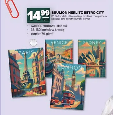 Brulion Herlitz Retro City B5 160 kartek w kratkę promocja w Stokrotka