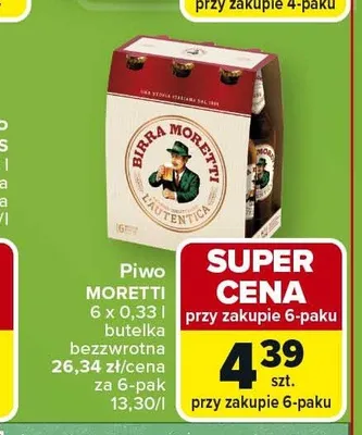 Piwo Moretti 6-pak 0,33l promocja w Carrefour Market