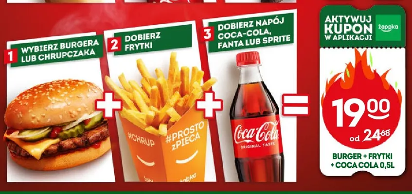 Zestaw burger lub Chrupczak + frytki + Coca-Cola 0,5 l promocja w Żabka