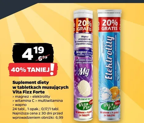 Suplement diety w tabletkach musujących Elektrolity Vita Fizz Forte promocja w Netto