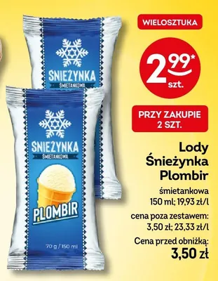 Lody Śnieżynka Plombir śmietankowa promocja w Żabka
