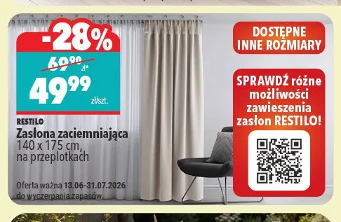 Zasłona zaciemniająca Restilo 140x175 cm na przelotkach promocja w Biedronka Home