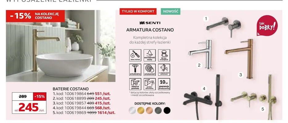 Bateria łazienkowa Senti Costano wariant 2 promocja w Komfort