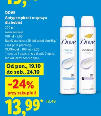 Antyperspirant w sprayu dla kobiet Dove classic fresh promocja w Lidl