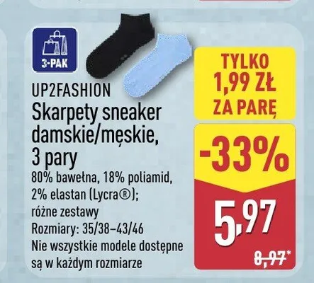 Skarpety sneaker damskie/męskie UP2FASHION 3-pak promocja w Aldi