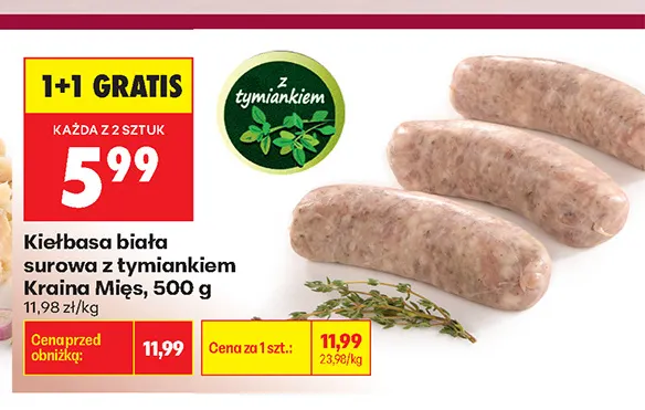 Kiełbasa biała surowa z tymiankiem Kraina Mięs promocja w Biedronka