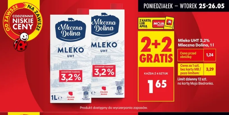 Mleko UHT 3,2% Mleczna Dolina promocja w Biedronka