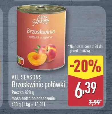 Brzoskwinie połówki w syropie All Seasons promocja w Aldi