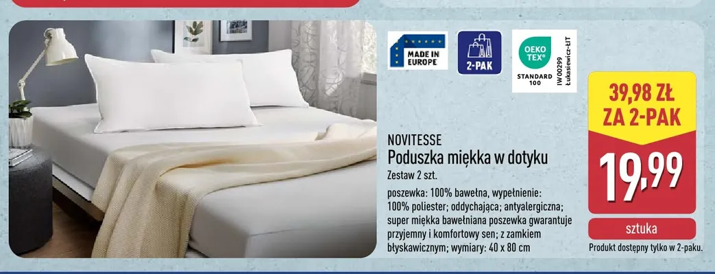 Poduszka miękka w dotyku 2-pak Novitesse promocja w Aldi