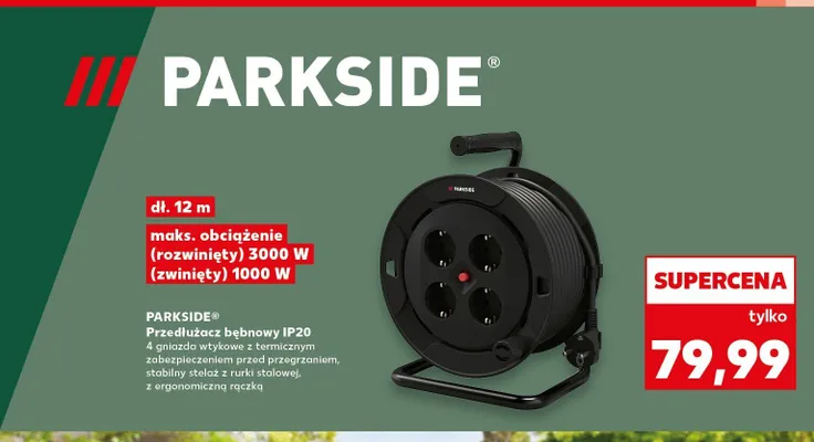 Przedłużacz bębnowy IP20 PARKSIDE 12m 3000W promocja w Kaufland