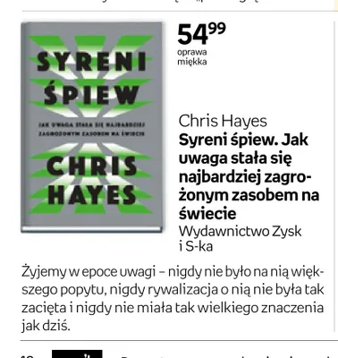Książka Syreni śpiew. Jak uwaga stała się najbardziej zagrożonym zasobem na świecie Chris Hayes Wydawnictwo Zysk i S-ka promocja w Empik