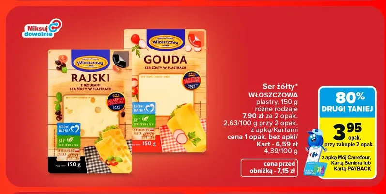 Ser żółty w plastrach Rajski Włoszczowa promocja w Carrefour