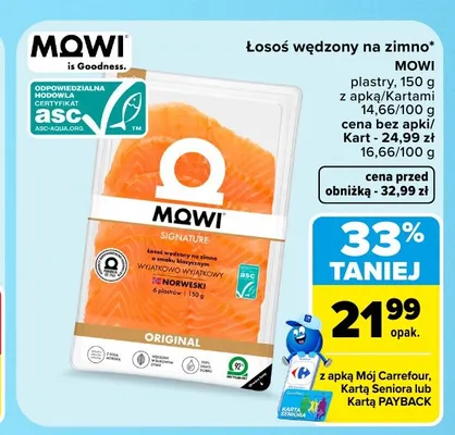 Łosoś wędzony na zimno MOWI Signature plastry Original promocja w Carrefour