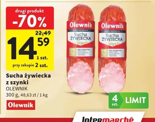 Kiełbasa sucha żywiecka z szynki Olewnik promocja w Intermarche