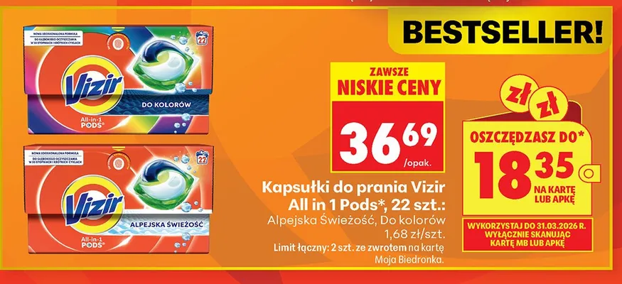 Kapsułki do prania Vizir All in 1 Pods Alpejska Świeżość promocja w Biedronka