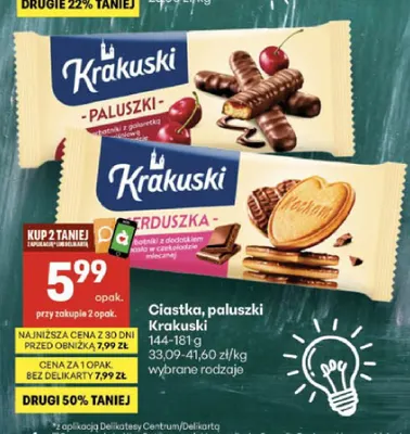 Herbatniki paluszki z galaretką wiśniową w czekoladzie Krakuski promocja w Delikatesy Centrum
