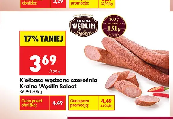 Kiełbasa wędzona czereśnią Kraina Wędlin Select promocja w Biedronka
