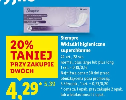 Wkładki higieniczne superchłonne promocja w Lidl