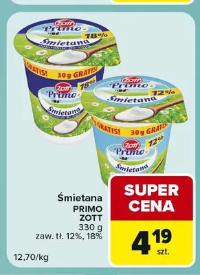 Śmietana Primo Zott 12% promocja w Carrefour Express