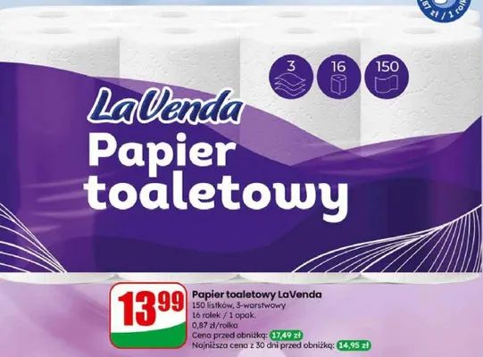 Papier toaletowy 3-warstwowy 16 rolek promocja w Dino