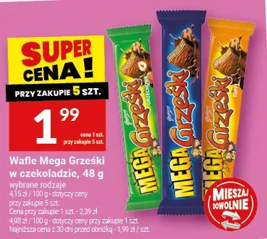 Wafle Mega Grzeski w czekoladzie, 48 g promocja w Twój Market
