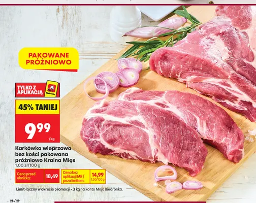 Karkówka wieprzowa bez kości pakowana próżniowo Kraina Mięs promocja w Biedronka