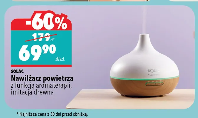 Nawilżacz powietrza SOLAC z funkcją aromaterapii imitacja drewna promocja w Biedronka Home