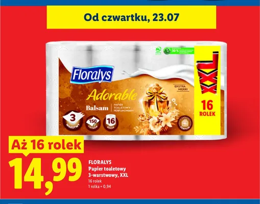Papier toaletowy Floralys Adorable Balsam 3-warstwowy XXL promocja w Lidl