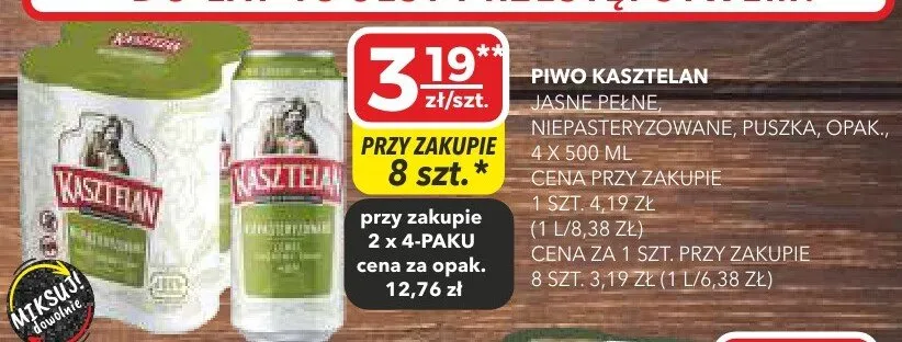Piwo Kasztelan jasne pełne niepasteryzowane, puszka promocja w Top Market