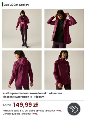 Kurtka przeciwdeszczowa damska wiosenna kieszonkowa Regatta Pack It III promocja w Regatta