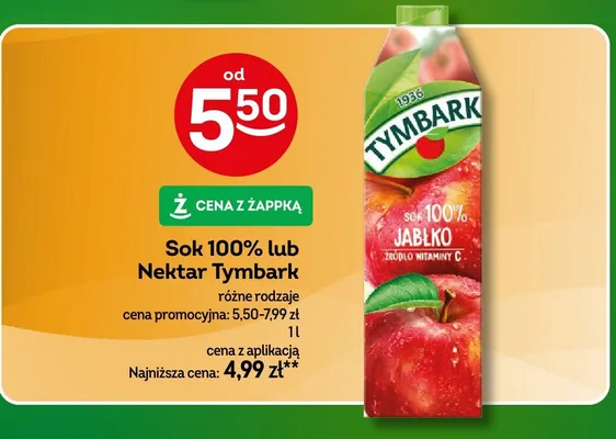 Sok 100% lub nektar Tymbark różne rodzaje 1l promocja w Żabka