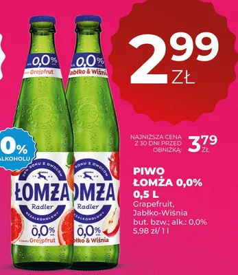 Piwo Łomża 0,0% Grejpfrut, Jabłko-Wiśnia promocja w Duży Ben