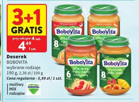 Deserek BoboVita Jabłko banan malina z kaszką kukurydzianą promocja w Intermarche
