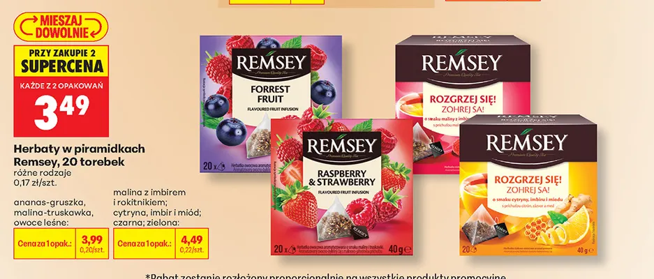 Herbata w piramidkach Remsey malina z imbirem i rokitnikiem promocja w Biedronka