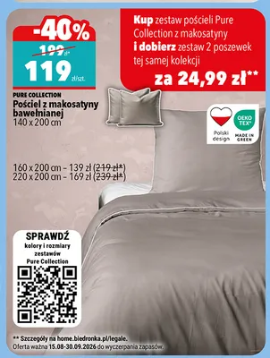 Pościel z makosatyny bawełnianej Pure Collection 140x200 cm promocja w Biedronka