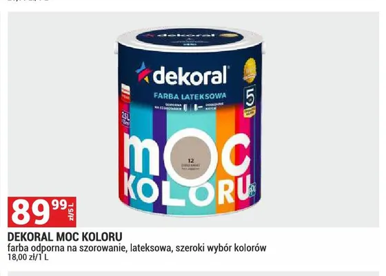 Farba lateksowa Dekoral Moc Koloru odporna na szorowanie promocja w Merkury Market