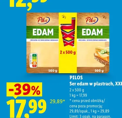Ser edam w plastrach XXL Pilos 2-pak 500 g promocja w Lidl