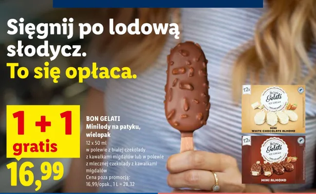 Lody Minilodziki na patyku, wielopak w polewie z białej czekolady z kawałkami migdałów lub w polewie z mlecznej czekolady z kawałkami migdałów promocja w Lidl