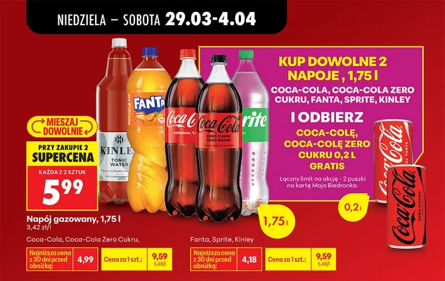 Napój gazowany Kinley 1,75 l promocja w Biedronka