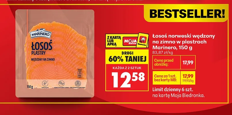 Łosoś norweski wędzony na zimno w plastrach Marinero promocja w Biedronka