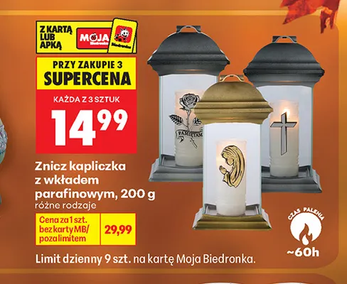 Znicz kapliczka z wkładem parafinowym promocja w Biedronka