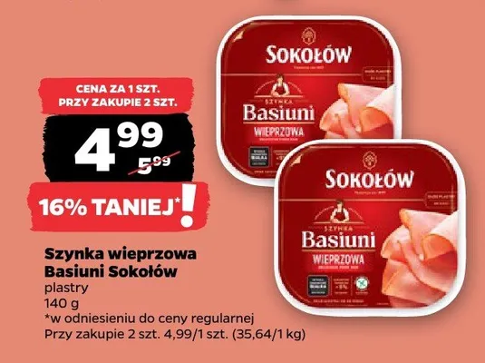 Szynka wieprzowa Basiuni Sokołów plastry promocja w Netto