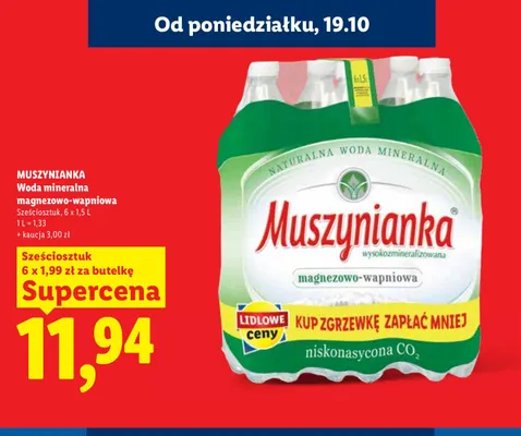Woda mineralna gazowana magnezowo-wapniowa Muszynianka 6-pak promocja w Lidl