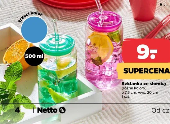 Szklanka ze słomką 7,5cm wys. 20cm promocja w Netto
