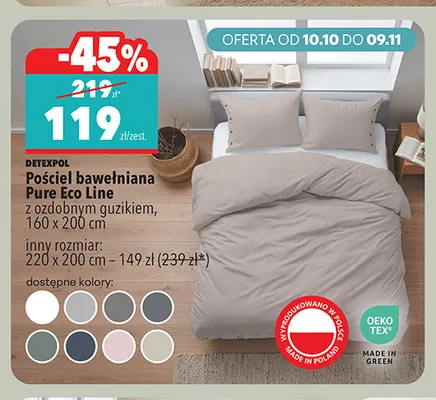 Pościel bawełniana Pure Eco Line z ozdobnym guzikiem 220x200 cm Detexpol promocja w Biedronka