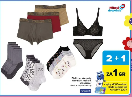 Bielizna, skarpety damskie, męskie, dziecięce różne wzory i rozmiary promocja w Carrefour Market