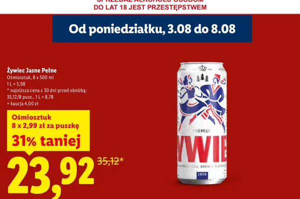 Piwo Żywiec Jasne Pełne 8-pak 500 ml promocja w Lidl