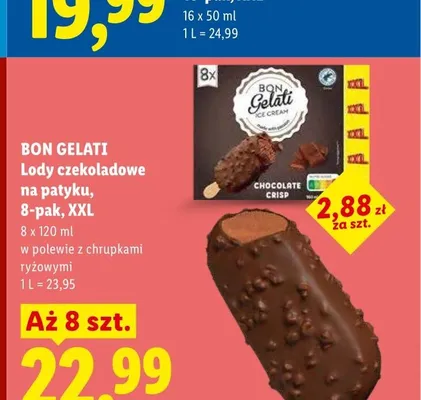 Lody czekoladowe na patyku BON GELATI w polewie z chrupkami ryżowymi 8-pak XXL promocja w Lidl